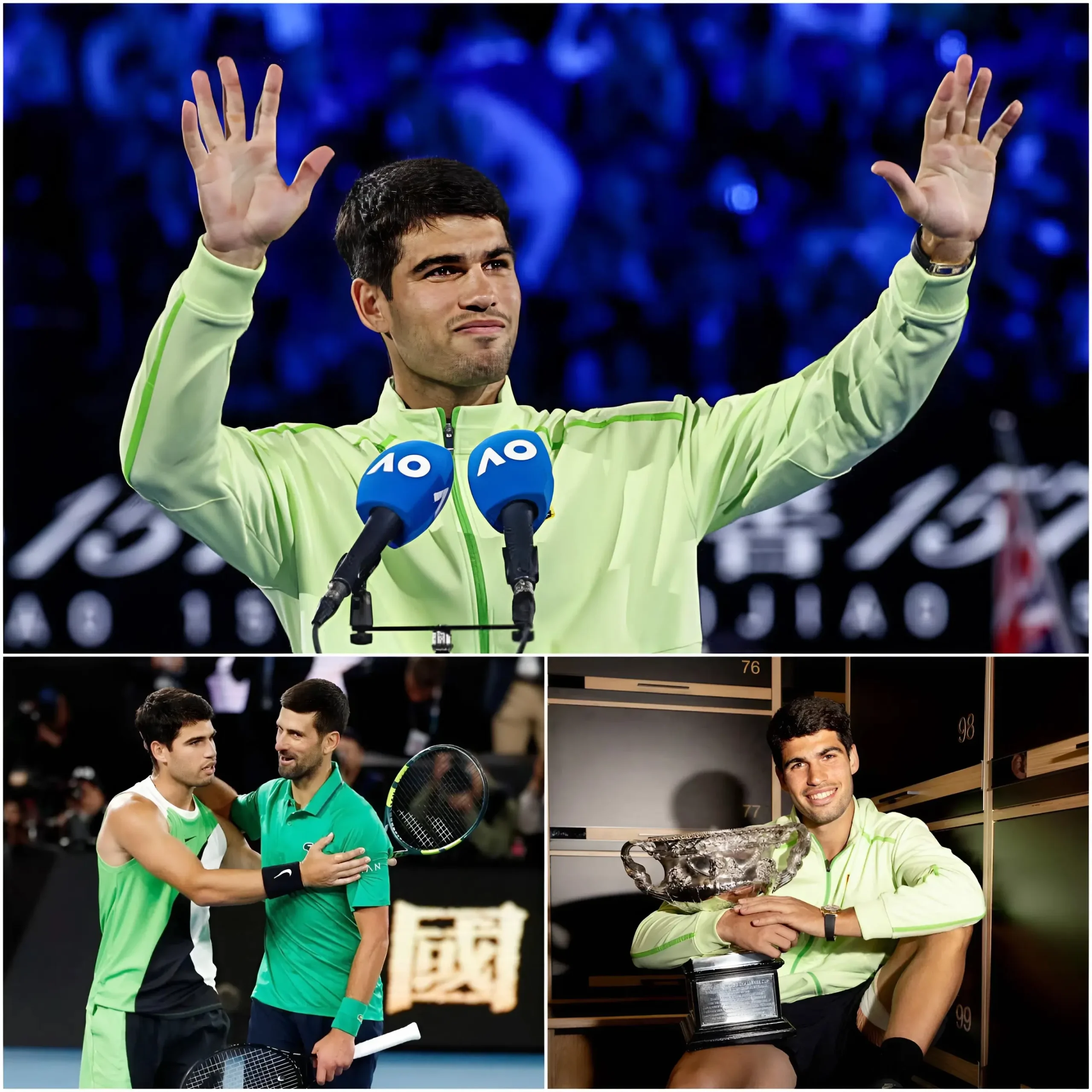 Cover Image for 🏆 Tras su victoria en la final del Abierto de Australia 2026, Carlos Alcaraz abandonó la pista envuelto en la gloria, pero no con la arrogancia de un campeón recién coronado, sino con la serenidad y la madurez de un verdadero campeón. En medio de los vítores ensordecedores del público, Carlos Alcaraz pronunció unas palabras que poco a poco hicieron que todo el estadio guardara silencio: «Esta victoria no es solo para mí. Es el viaje de la fe, de levantarse después de las derrotas, y está dedicada a los niños de todo el mundo que sueñan con el tenis. Luché hasta el último punto, superando el dolor físico, la enorme presión de una final de Grand Slam y todas las dudas que me rodeaban. Hoy gané, pero lo más importante es que sé que lo di todo.»