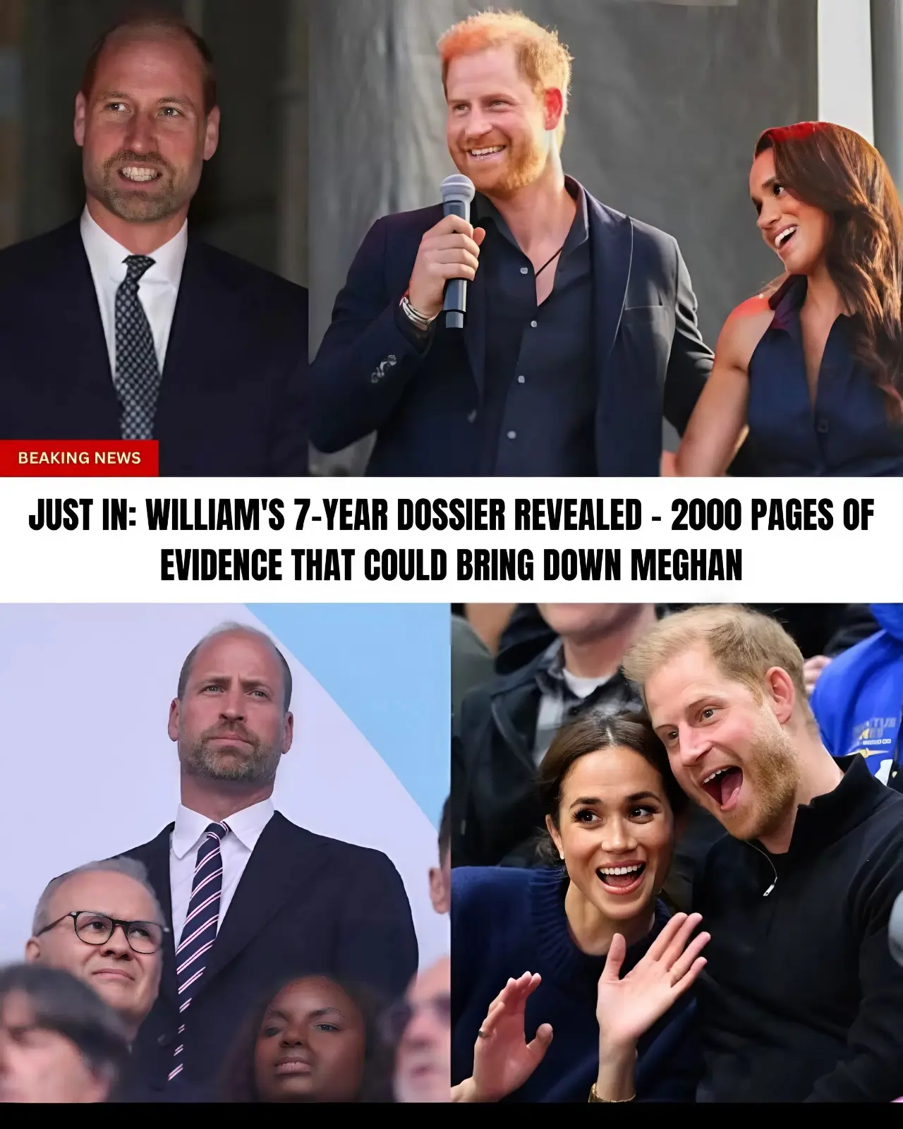 Cover Image for JUST IN: William’s 7-Year Dossier REVEALED – 2000 Pages of Evidence That Could Bring Down Meghan In a stunning development poised to reshape the royal narrative, Prince William has compiled a meticulous 2,067-page dossier over seven years, exposing systemic deception by Meghan Markle. The dossier contains overwhelming evidence set for release, triggered by King Charles’s ultimatum demanding Harry divorce Meghan within 30 days.