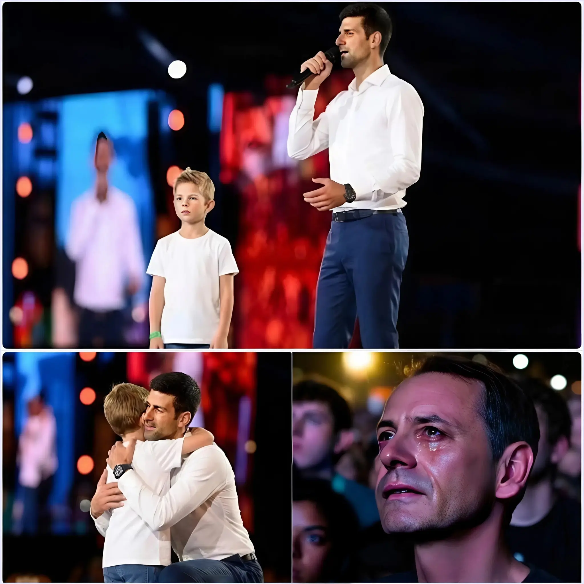 Cover Image for “Dad… can I sing with you?” 🚨 The little boy’s simple question made the entire stadium hold its breath. Novak Djokovic immediately knelt down and sang with his son, pouring all his fatherly love into the moment. The boy’s trembling voice blended with his father’s, bringing tears to the eyes of tens of thousands of spectators. It wasn’t about the gold trophy or the records, but about the most genuine and sacred moment – ​​when a legend became a father. The entire stadium rose …