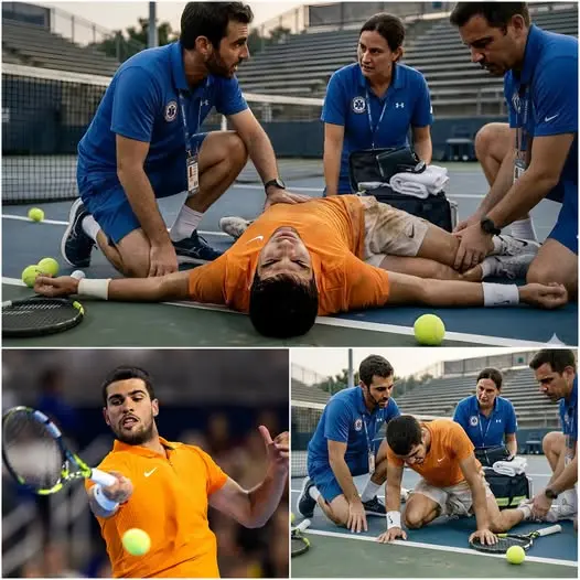 Cover Image for ⚠️ La tensión se apoderó de la pista de entrenamiento y de las gradas cercanas durante una sesión de preparación para el próximo Indian Wells Masters, cuando Carlos Alcaraz se vio obligado a detenerse repentinamente tras sufrir un problema médico grave en la cancha. El personal médico y de seguridad acudió de inmediato, mientras su equipo y los espectadores presentes observaban en silencio, conmocionados por la situación. Posteriormente, se emitió un comunicado oficial con una actualización sobre su estado de salud y los próximos pasos en su proceso de recuperación. Enviamos nuestro apoyo y fortaleza a Carlos Alcaraz y a su familia en este momento tan difícil.