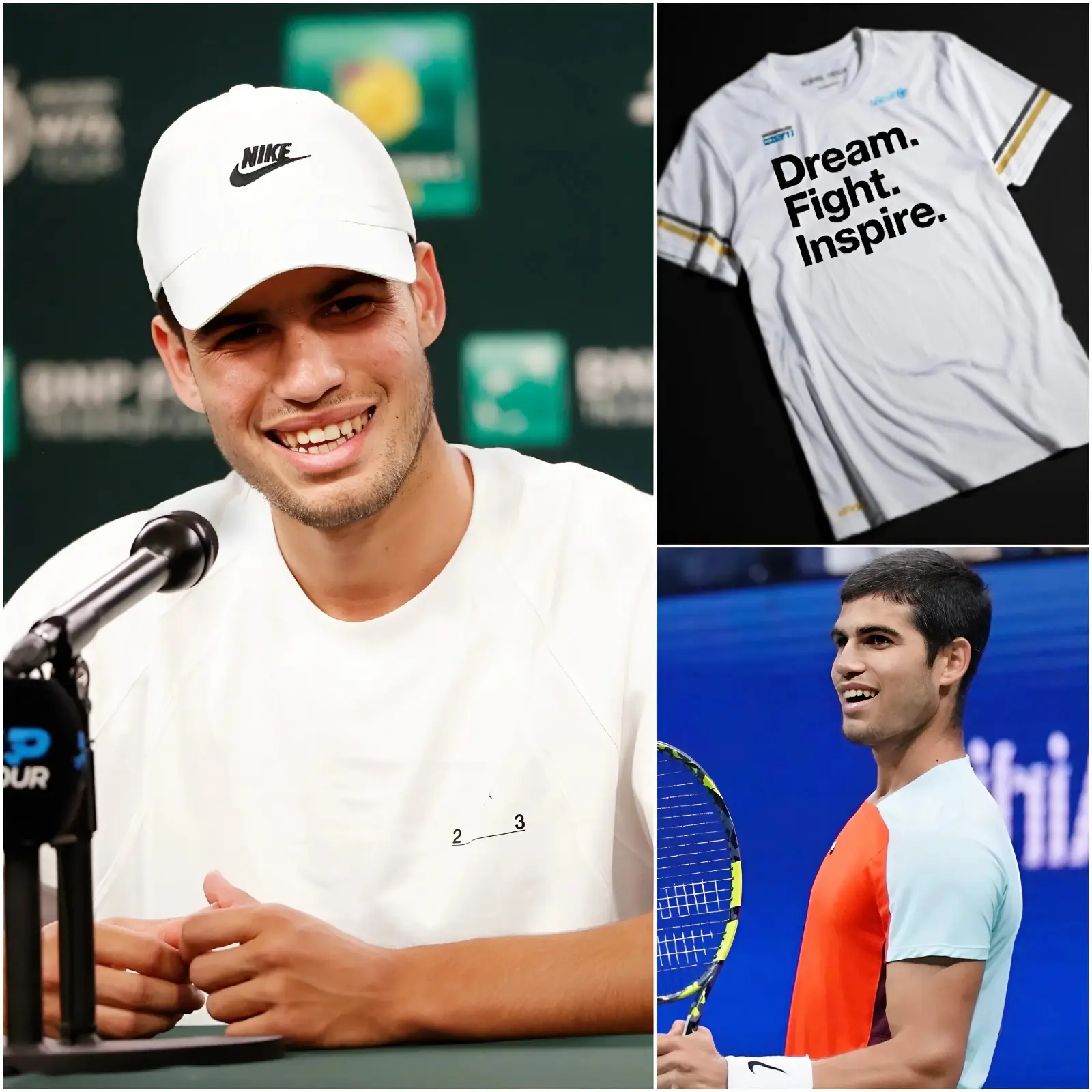 Cover Image for 💛 MOMENTO QUE INSPIRA: Carlos Alcaraz vuelve a emocionar al mundo del tenis con un gesto que va más allá de la competición. El joven fenómeno español anunció el lanzamiento de una camiseta de edición limitada para sus fans, cuyo diseño incluye el poderoso lema “Dream. Fight. Inspire.”