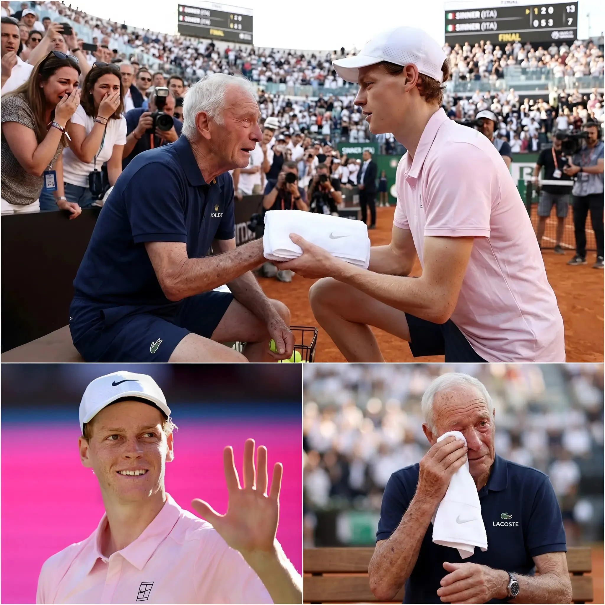 Cover Image for 🚨 UN MOMENTO COMMOVENTE NEL MONDO DEL TENNIS: Jannik Sinner si inginocchia davanti a un raccattapalle anziano — una scena che ha fatto piangere milioni di tifosi! Dopo la vittoria sul campo, Jannik Sinner non è corso a festeggiare con il suo team né è tornato subito negli spogliatoi come fanno molti altri giocatori.