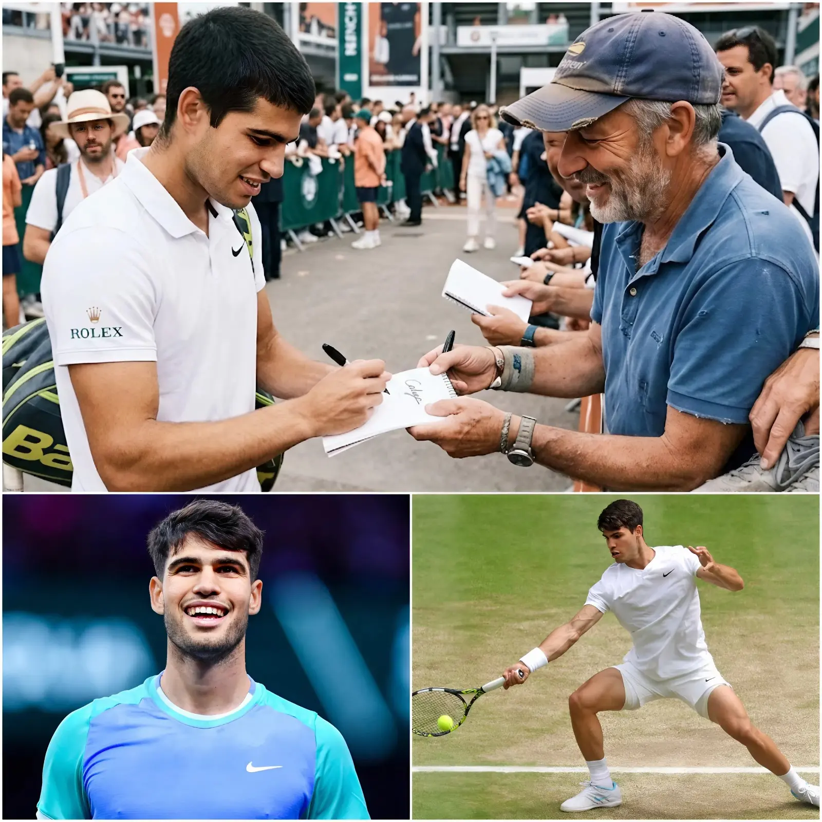 Cover Image for Carlos Alcaraz hace que todos se emocionen al permitir que un fan desconocido se acerque en la sesión de autógrafos. El personal de seguridad intentó detenerlo rápidamente, pero Carlos Alcaraz negó con la cabeza sonriendo y dijo: “Déjenlo acercarse, no pasa nada.”