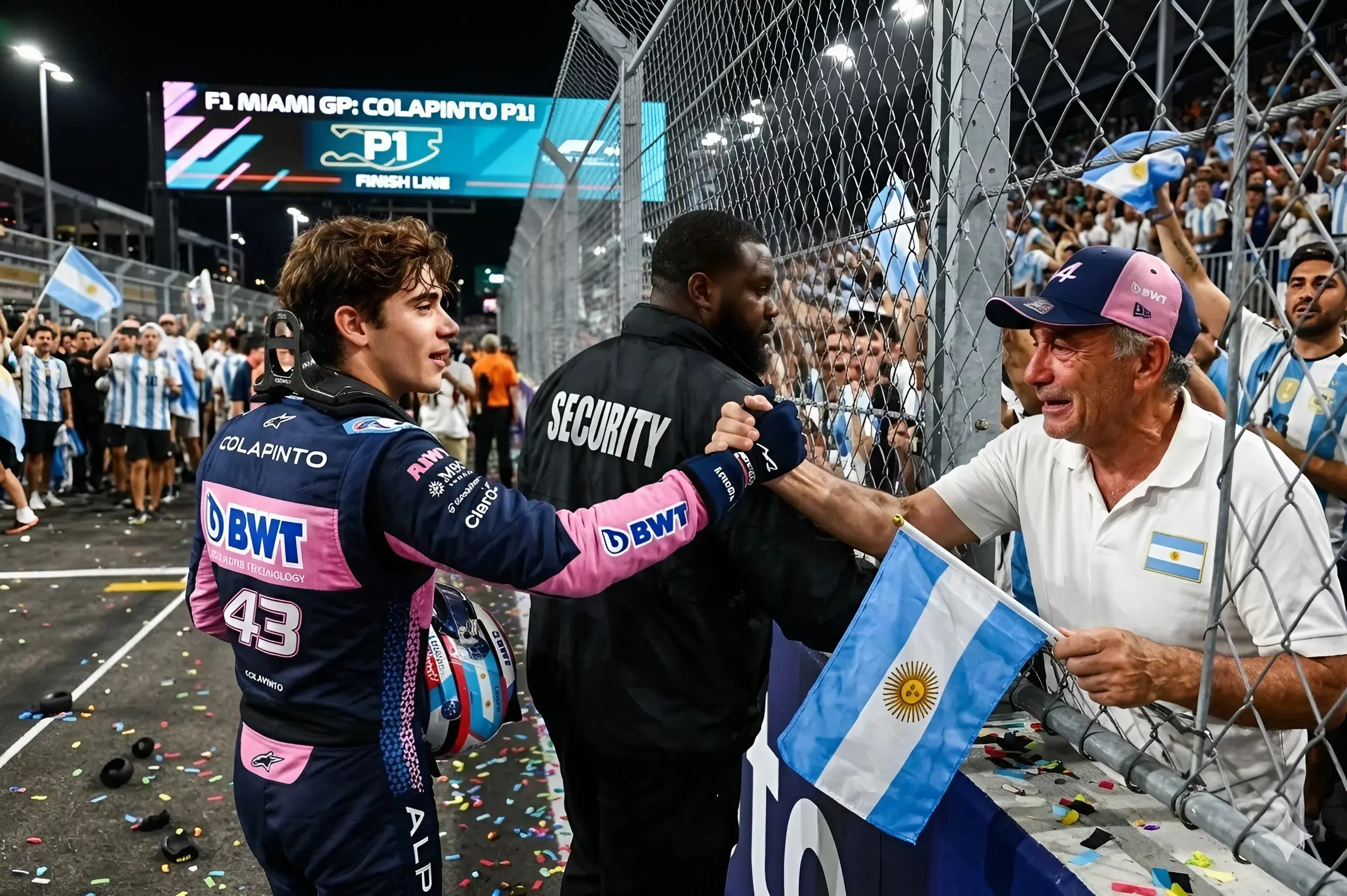 Cover Image for Los guardias de seguridad se preparaban para detenerlo, pero Franco Colapinto levantó la mano con calma y dijo: “Déjenlo acercarse”. Un hombre de unos sesenta años, con una chaqueta vieja y desgastada y una gorra descolorida con el logo de su escudería favorita