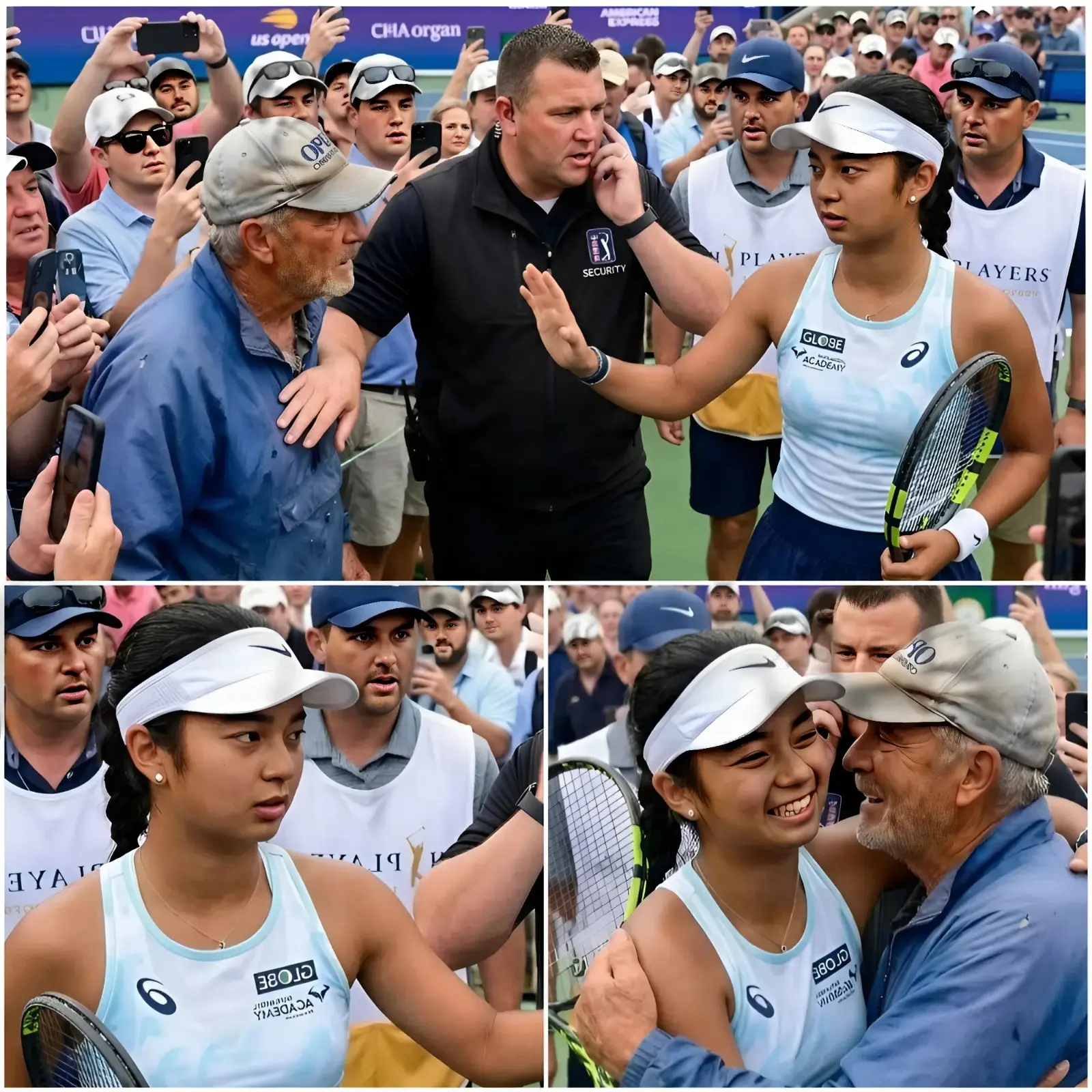 Cover Image for 🚨 Security moved to stop him, but Alexandra Eala calmly raised her hand: “Let him come closer.” A man in his 60s, in worn sneakers and a faded 2022 US Open cap, pushed through the crowd. When he finally reached her, what happened next left everyone stunned and deeply moved.