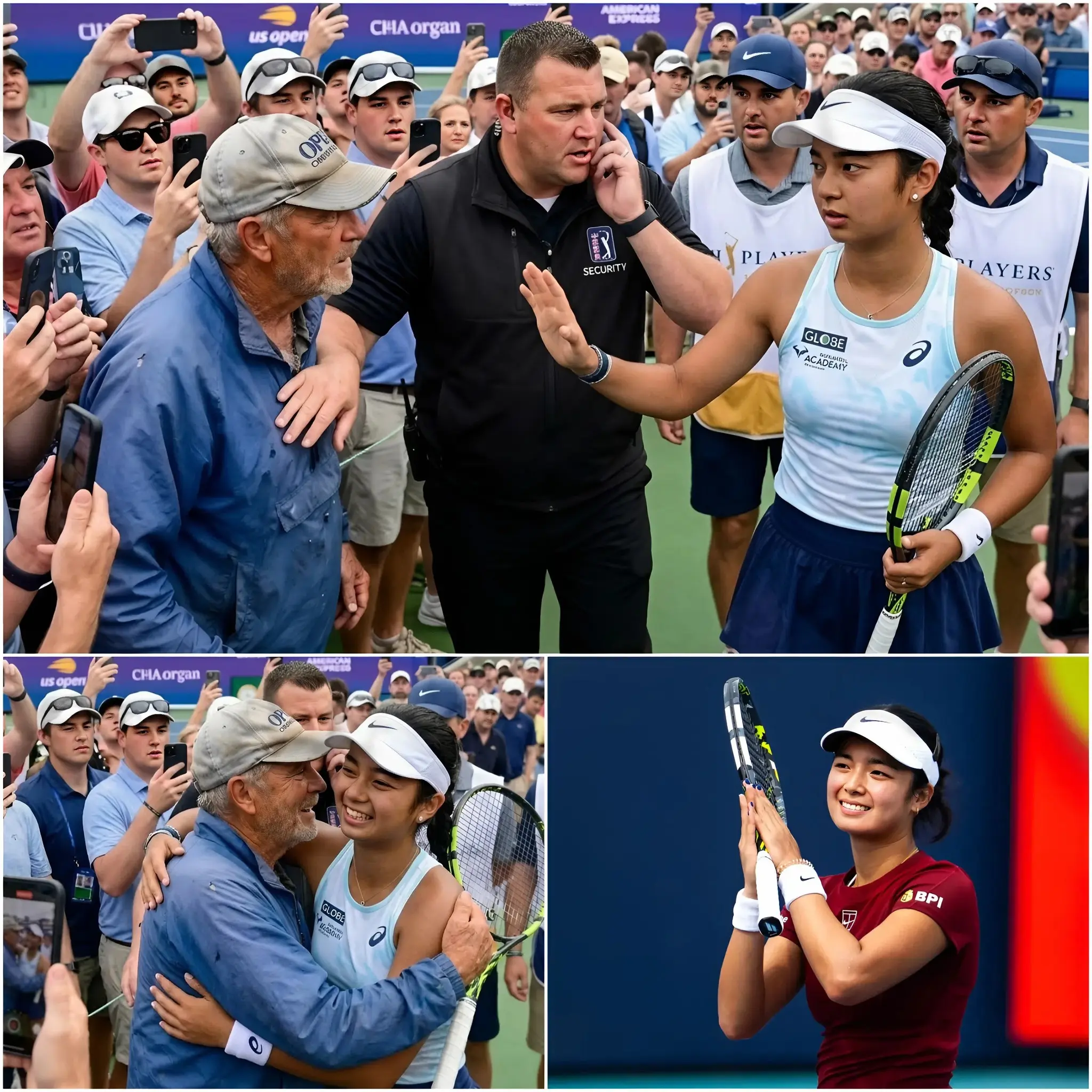 Cover Image for 🚨 15 MINUTES AGO: Security moved to stop him, but Alexandra Eala calmly raised her hand: “Let him come closer.” A man in his 60s, in worn sneakers and a faded 2022 US Open cap, pushed through the crowd. When he finally reached her, what happened next left everyone stunned and deeply moved.