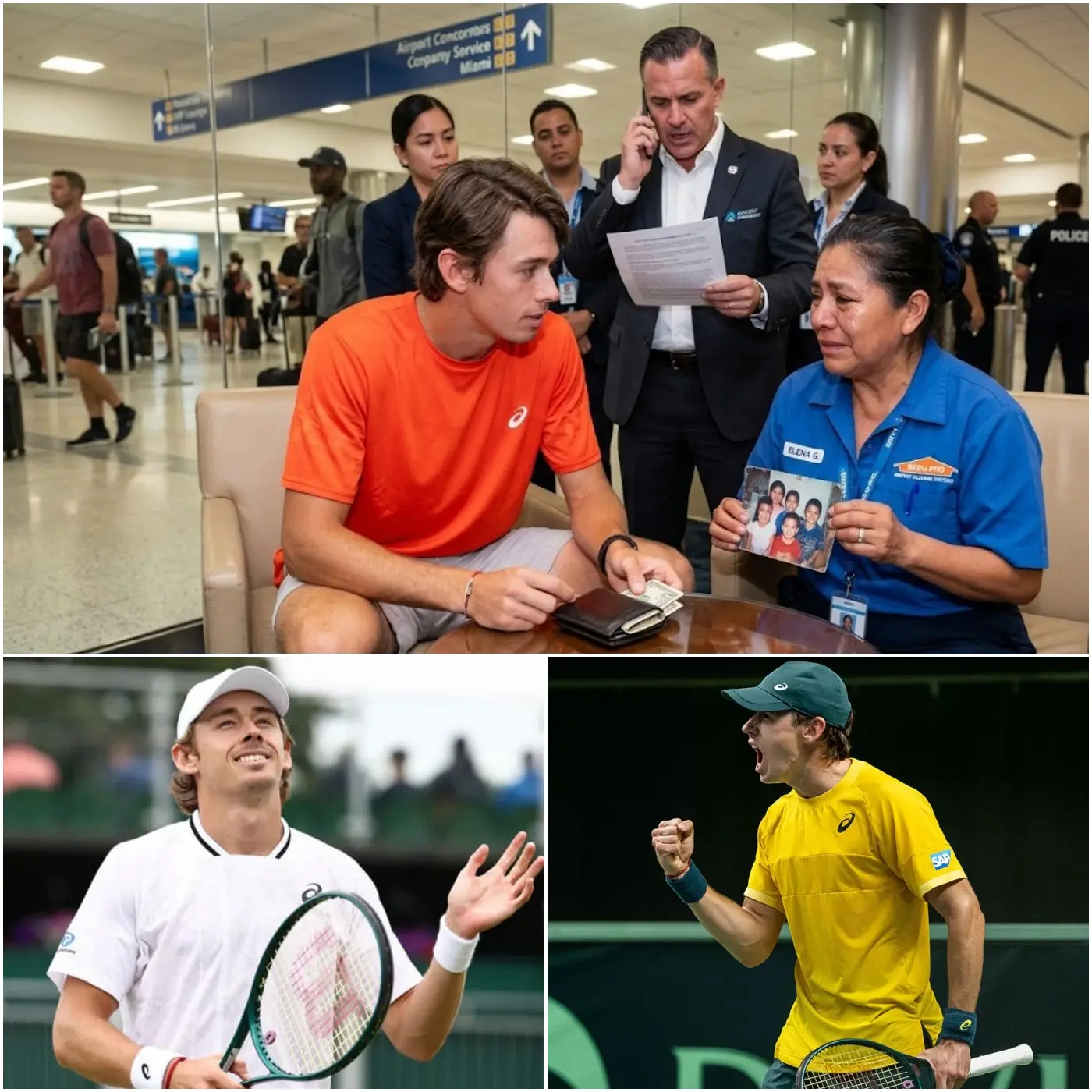 Cover Image for 🚨 Alex de Minaur quietly saved the hopes of a 60-year-old airport cleaner — a woman just minutes away from total despair, facing immediate dismissal for being “too old to work.”