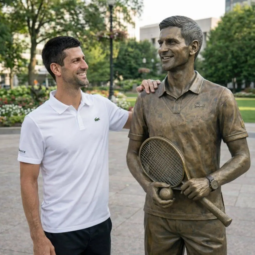 Cover Image for In a heartfelt ceremony that filled Hollywood Boulevard with fans and fellow artists, Novak Djokovic was honored with a rare full-body bronze statue on the Hollywood Walk of Fame — a tribute far beyond the traditional star plaque.