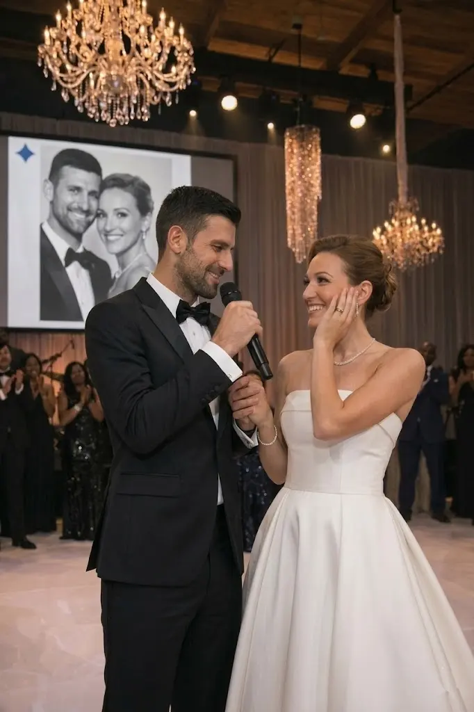 Cover Image for A SPECIAL MOMENT: Last night, Novak Djokovic performed a moving tribute of “I Can’t Help Falling in Love,” honoring his wife, Jelena, who watched from the audience.