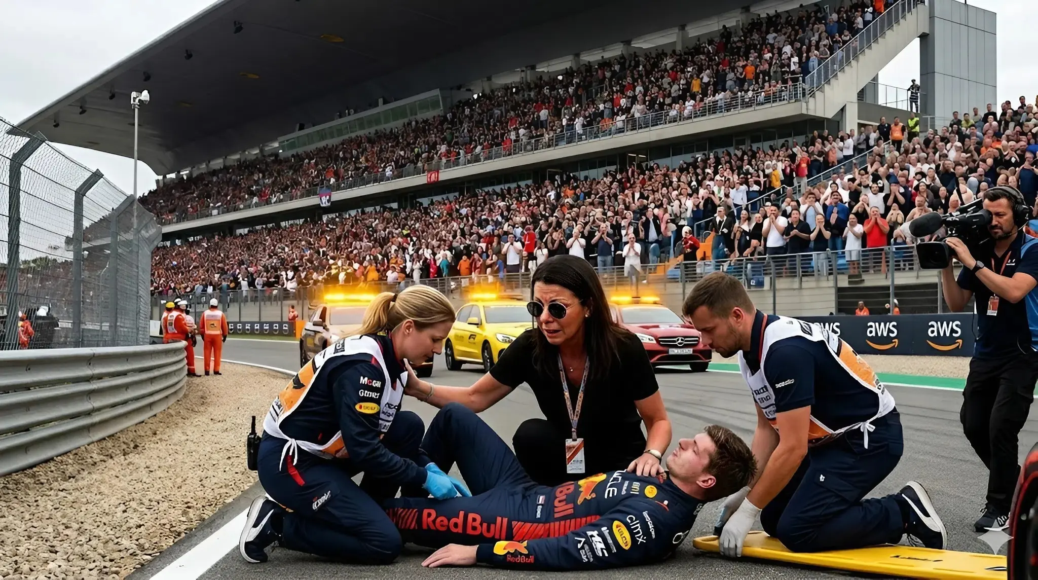 Cover Image for DRINGENDE UPDATE: Paniek verspreidde zich door een uitverkocht stadion toen de getalenteerde coureur Max Verstappen plotseling in elkaar zakte tijdens de race.