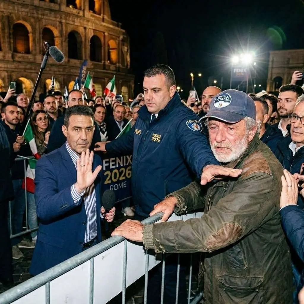 Cover Image for Un uomo sulla sessantina, che indossava una vecchia giacca con le spalle consumate e un berretto da baseball sbiadito con il logo di Fratelli dâItalia
