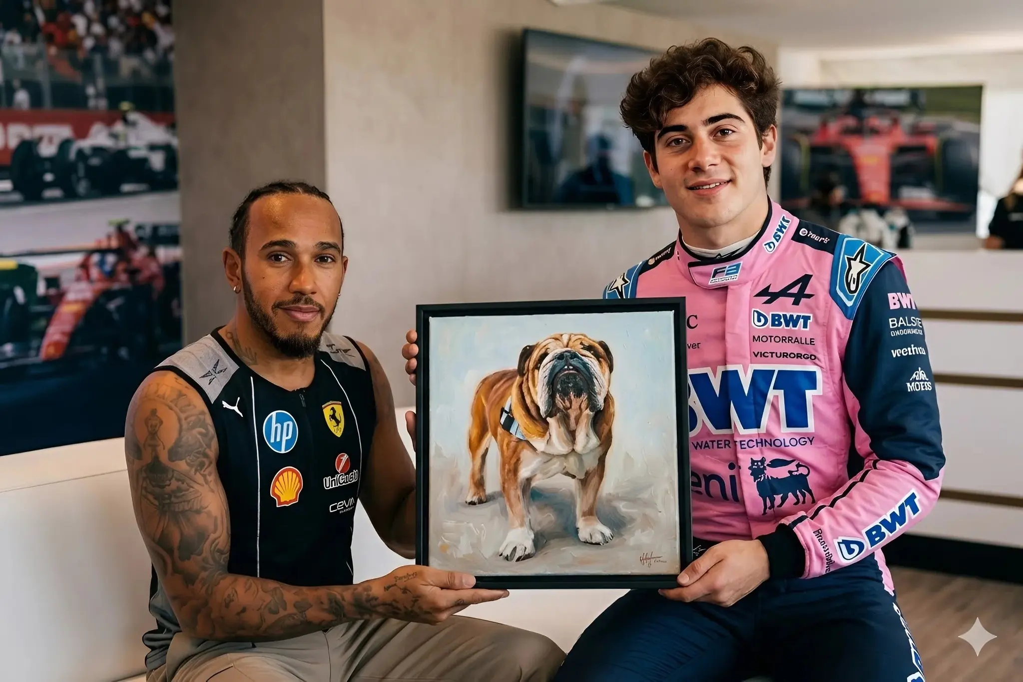 Cover Image for Durante un momento relajado en el paddock de Fórmula 1, Lewis Hamilton recibió un regalo muy personal de Franco Colapinto. En lugar de un objeto típico relacionado con las carreras, el joven piloto argentino sorprendió a Hamilton con un retrato pintado a mano de Roscoe, el querido perro del campeón británico.