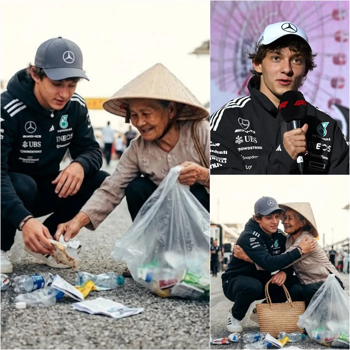 Cover Image for La stella italiana della F1, Kimi Antonelli, è apparso inaspettatamente per aiutare un’anziana donna a raccogliere i rifiuti. Il suo gesto ha sorpreso molti fan presenti, i quali hanno iniziato a mormorare, chiedendosi perché stesse aiutando una persona considerata così “sporca”.