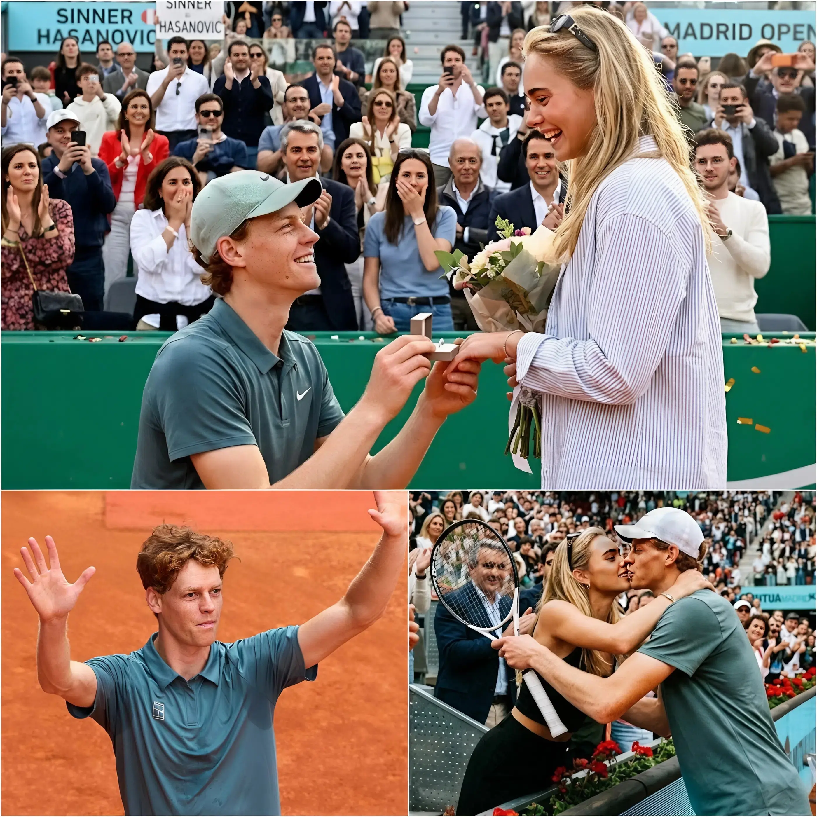 Cover Image for 💓🎾 A eclissare lo sfolgorante splendore del Madrid Open è stata una scena inimmaginabile, andata in scena proprio sul campo da gioco: Jannik Sinner si è inaspettatamente inginocchiato per fare la proposta, al culmine di un percorso carico di tensione; eppure, sono state le dieci parole della risposta di Laila Hasanovic a far letteralmente “esplodere” l’intero stadio di stupore!