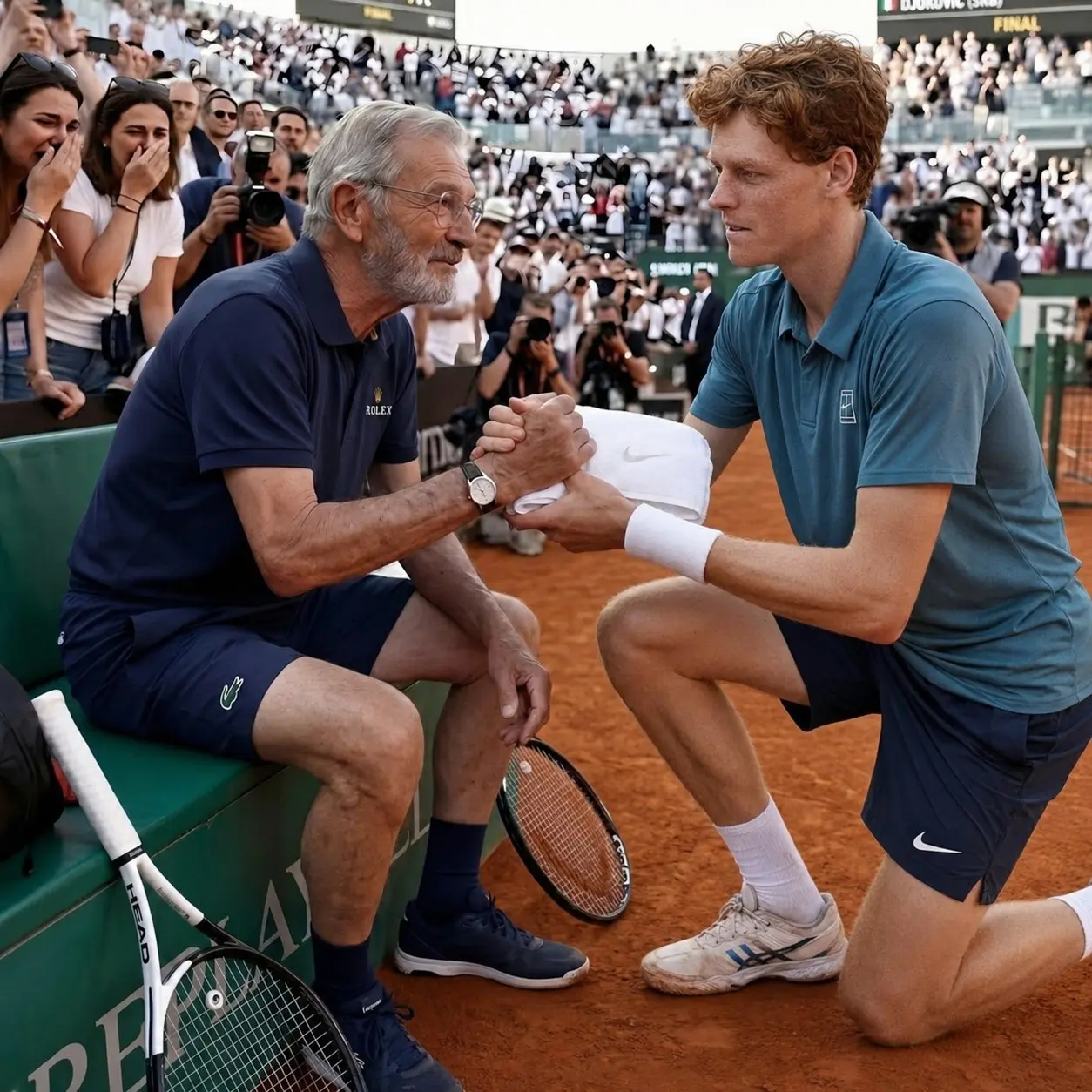 Cover Image for UN MOMENTO BELLISSIMO DURANTE LA PAUSA: Jannik Sinner si inginocchia davanti a un anziano raccattapalle — un’immagine che ha fatto piangere milioni di fan!