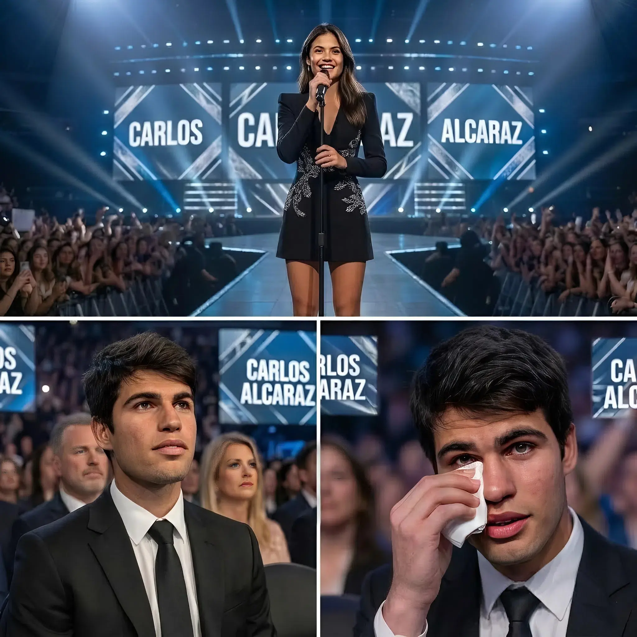 Cover Image for 🚨❤️ “YA NO ES UNA SUPERESTRELLA DEL TENIS — SOLO UN JOVEN ROMPIENDO EN LÁGRIMAS POR UN REGALO DE CUMPLEAÑOS DE Emma Raducanu.” — Anoche, Emma Raducanu — radiante con un elegante vestido negro — subió al escenario para entregar a Carlos Alcaraz el regalo de cumpleaños más especial: una canción preparada con total sinceridad.