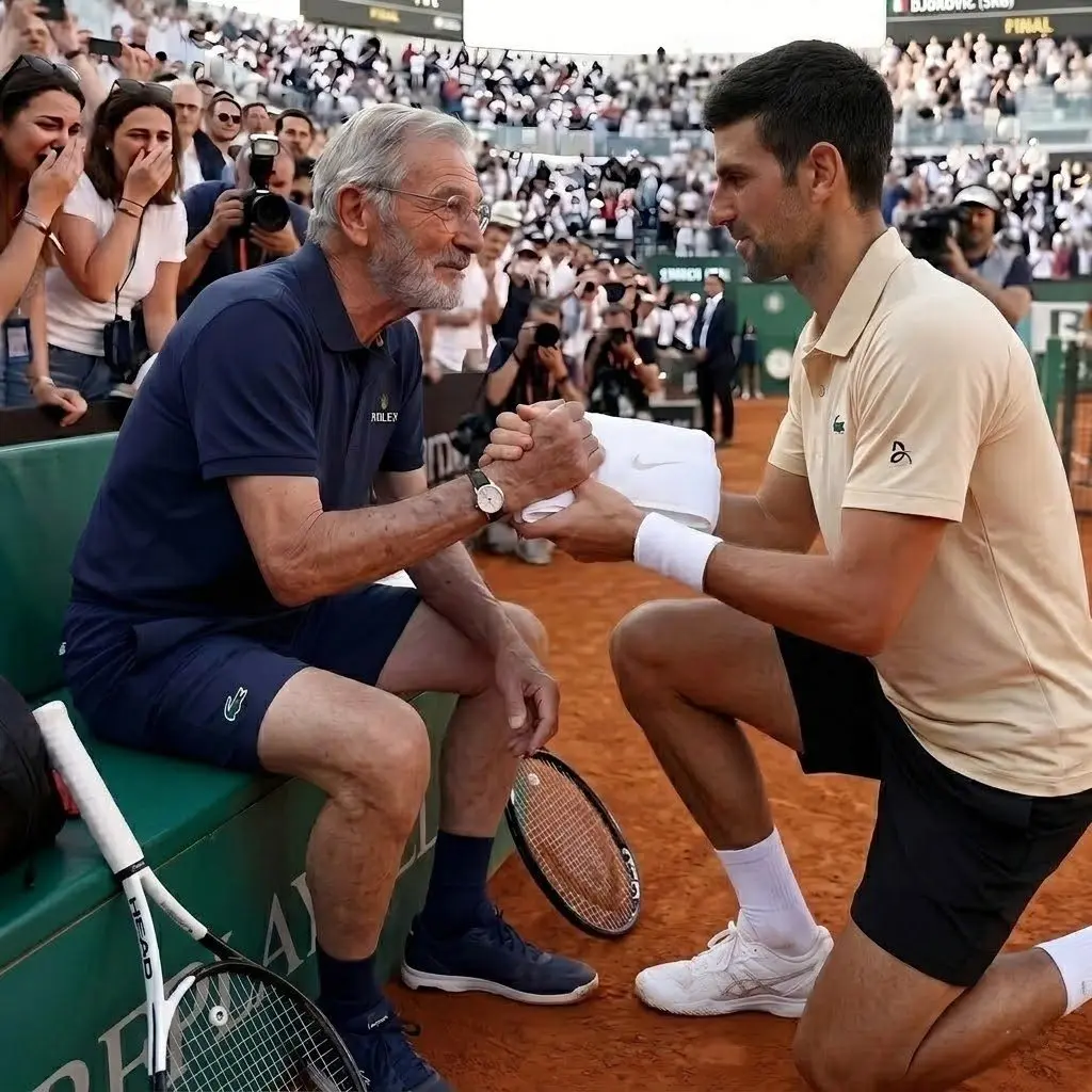 Cover Image for 🚨 A BEAUTIFUL MOMENT IN DEFEAT: Novak Djokovic kneels before an elderly ball boy—an image that has brought millions of fans to tears!