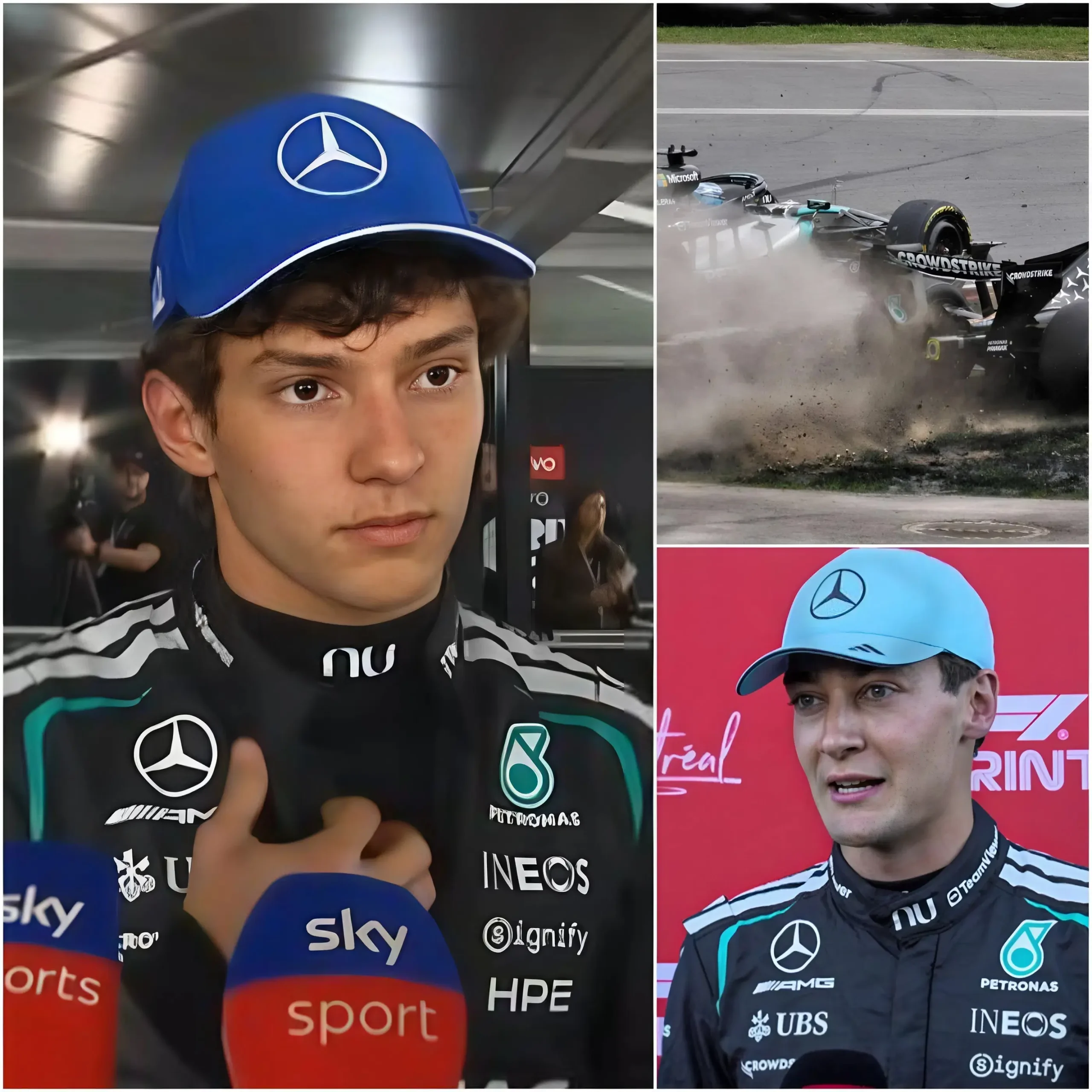 Cover Image for 🚨 “POTREI NON ARRIVARE PRIMO… MA DEVE ESSERE PUNITO.” 😳🔥 – Kimi Antonelli era furioso dopo la controversa collisione con George Russell al GP del Canada, al punto da chiedere ripetutamente via radio l’intervento immediato di Mercedes e FIA.