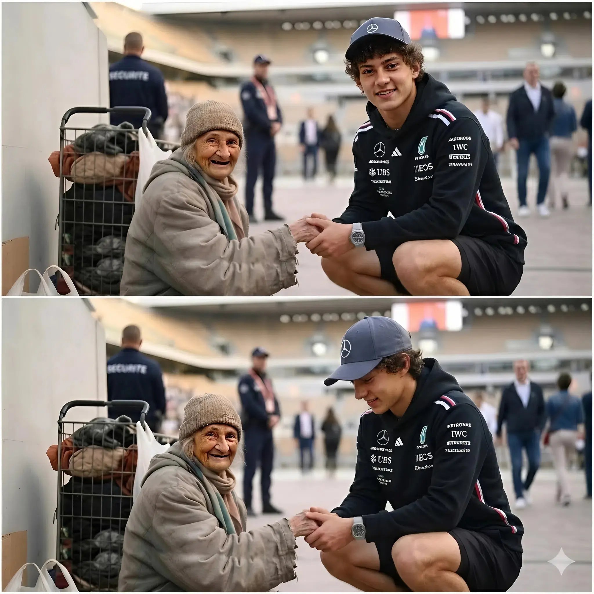 Cover Image for 🚨 A MEMORABLE MOMENT AFTER VICTORY: Kimi Antonelli Knelt Down in Front of an Elderly Homeless Woman — A Scene That Left Millions of Fans Deeply Moved.