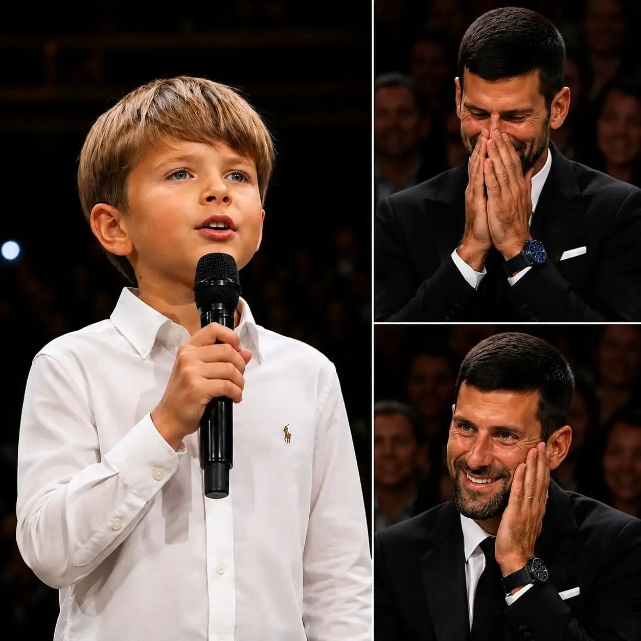Cover Image for 💥 A MOMENT THAT BROUGHT TEARS TO THE AUDIENCE: Last night, Novak Djokovic’s son, Stefan, quietly walked onto the stage to give his father a gift that neither money nor Grand Slam titles could ever replace…