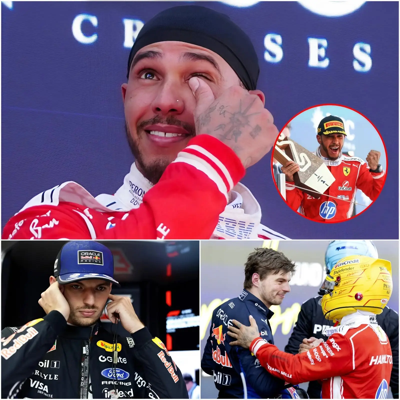 Cover Image for “I HAVE TO THANK MAX VERSTAPPEN BECAUSE HE HELPED ME WIN!” – Lewis Hamilton shocks the entire circuit Right on the podium, Lewis Hamilton couldn’t hold back his tears as he said: “He (Max Verstappen) helped me enormously and was by my side the whole race. Without Max, I wouldn’t be standing here as the winner today. He did things that many others don’t dare to do…