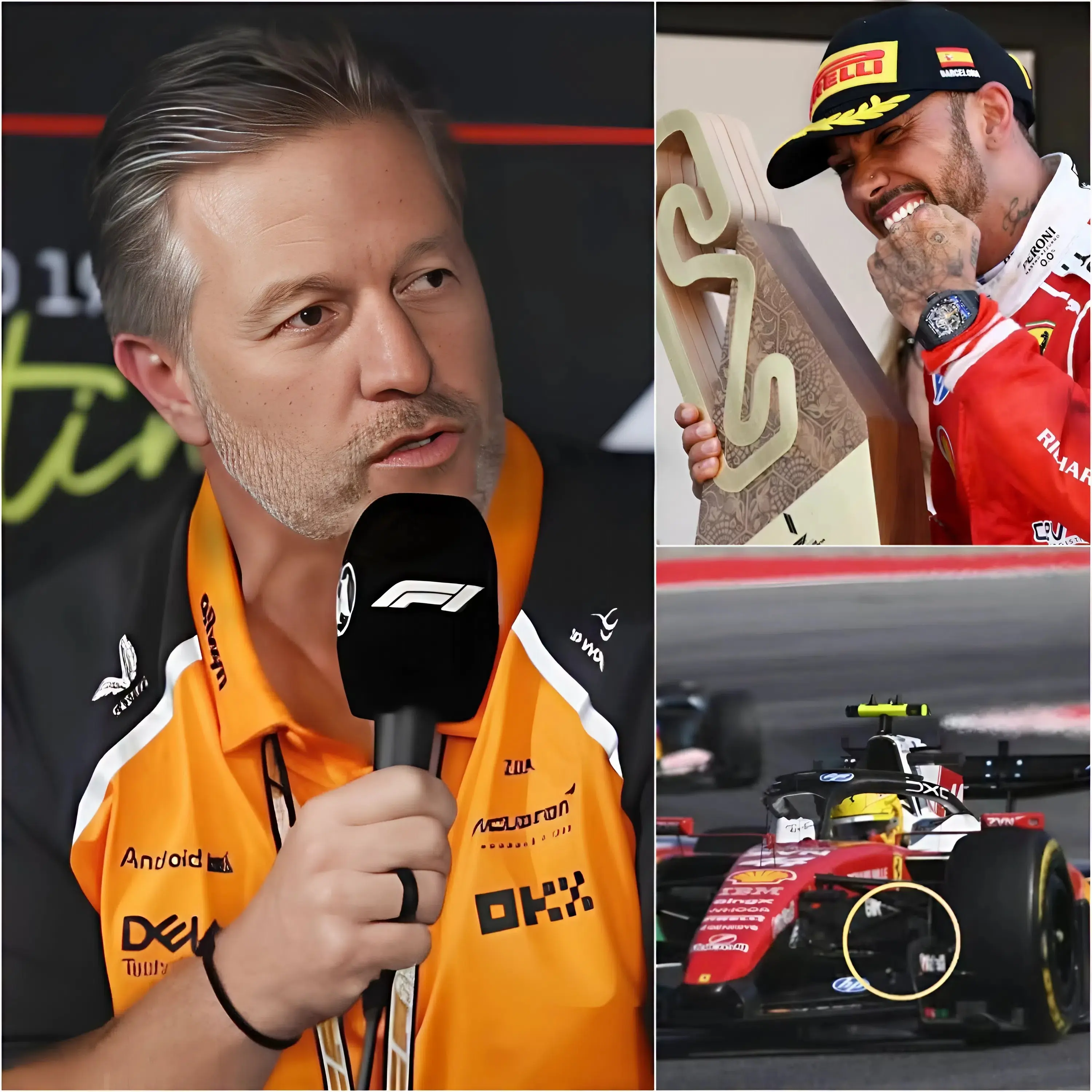 Cover Image for ÚLTIMA HORA🛑: Zak Brown ha acusado inesperadamente a Lewis Hamilton de tener una “ventaja inexplicable” tras la carrera de Barcelona. Afirma que Hamilton se benefició de un “efecto aerodinámico inusual” cuando estaba en posición T, estabilizando el flujo de aire alrededor del coche en momentos cruciales