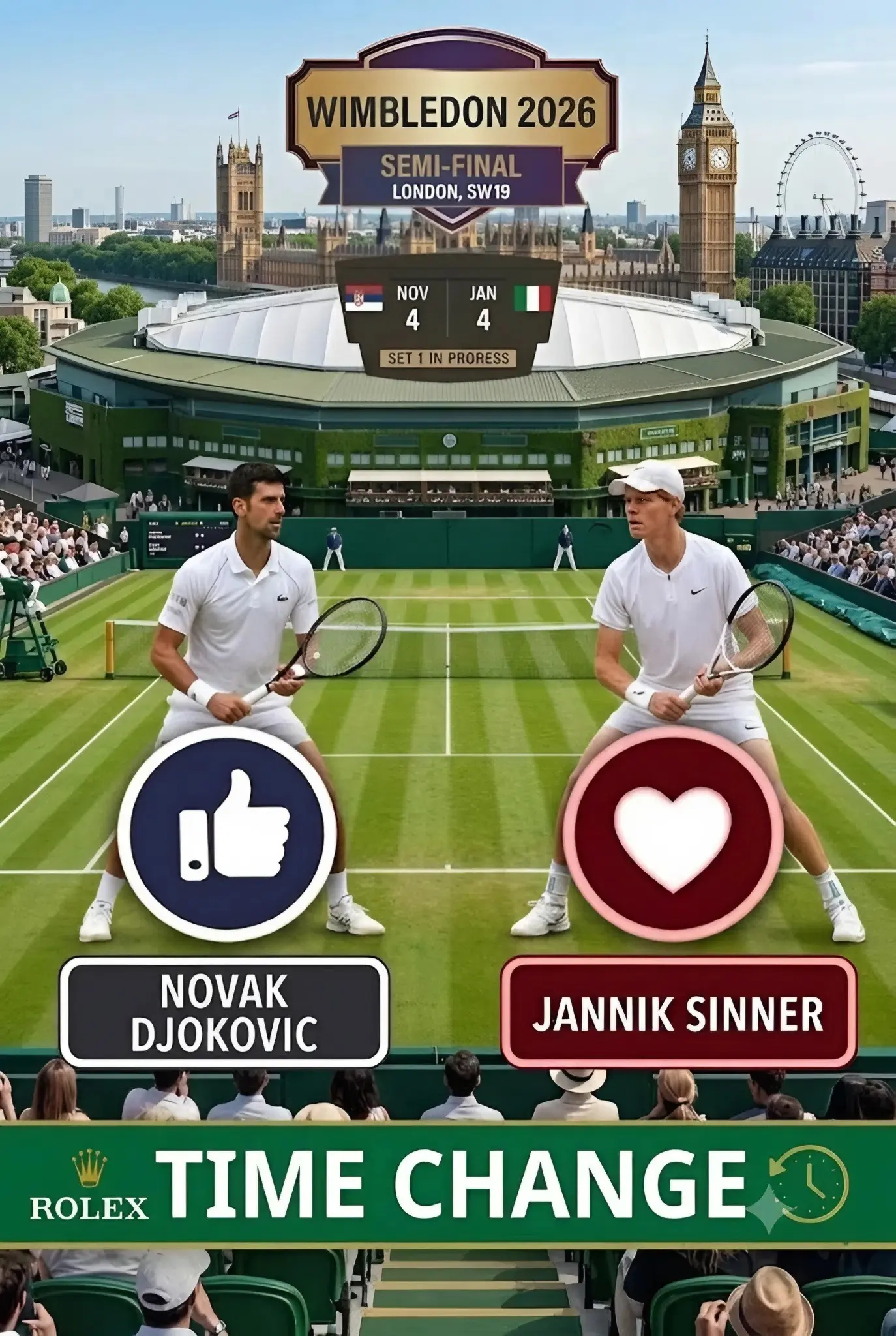 Cover Image for ÚLTIMA HORA: ¡ATENCIÓN, aficionados al tenis! Se ha modificado el calendario del tan esperado partido de semifinales de Wimbledon 2026 entre Jannik Sinner y Novak Djokovic en Londres, Inglaterra.